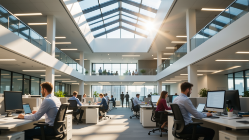 Modern office environment with professionals working at desks, large windows, bright interior lighting