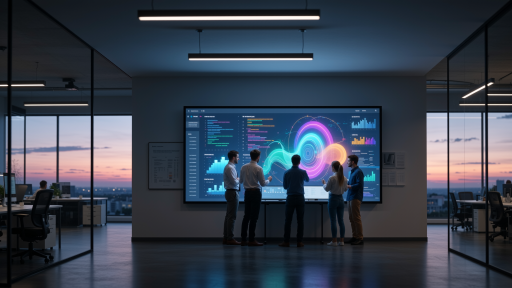 Business team looking at a large wall-mounted screen displaying colorful data visualizations and charts
