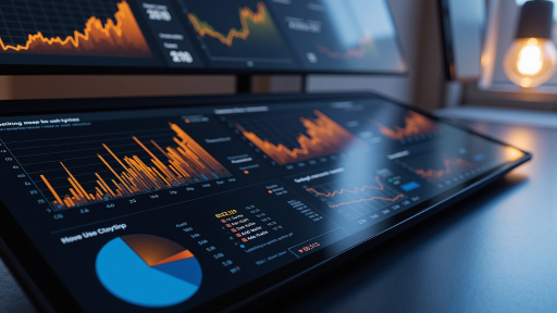 Modern financial dashboard interface displayed on multiple screens, showing charts and data tables, clean design