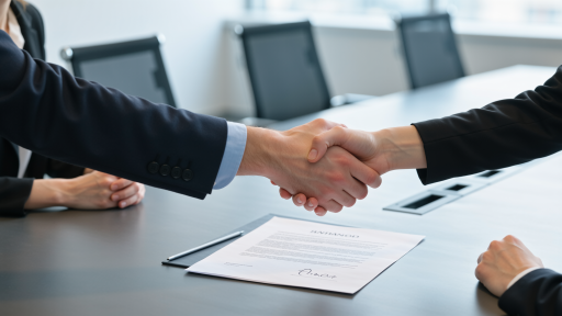 Two business professionals shaking hands across a conference table, documents visible, formal setting